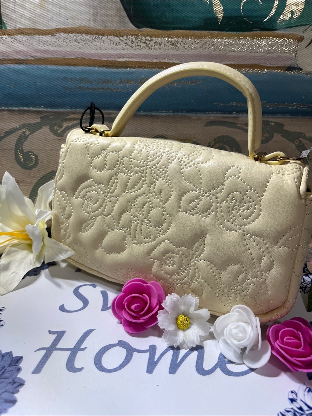 Ted Baker Pale Cream Quilted Top-Handle Mini Bag with Chain Strap - Picture 2 of 9